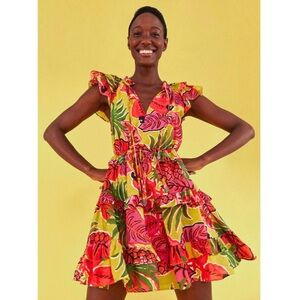 FARM RIO Tropical Print Embroidered Swiss Dot Beaded Tassel Ruffle Mini Dress M